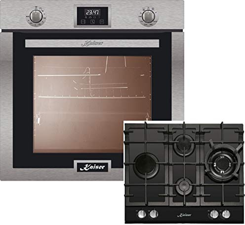 Kaiser Gas Herdset Autark,Kaiser Eg 6372 Einbau Gasbackofen Edelstahl, Kaiser KCG 6394 Gaskochfeld 60 cm,Gas Herd mit Selbstreinigung,Gas-Control,Gas Einbau-Backofen,Schwarz Gas Kochfed,Erdgas Fl.Gas