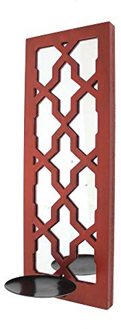 Benjara Red Geometric Lattice Wooden Frame Metal Candle Holder with Mirror Back
