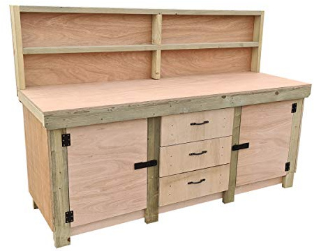 Arbor Garden Solutions Wooden Workbench With Drawers and Double Lockable Cupboard with Back Panel and Double Shelf - Eucalyptus 18mm Hardwood Top (7ft)