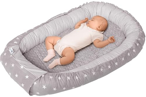 Medi Partners Babynest, gosig nest, babynest, 100% bomull, resesäng för spädbarn, 100 x 60 x 15 cm, avtagbar (Stjärnor grå Minky)