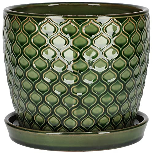 KOTARBAU® Maceta de cerámica esmaltada, Ø 17cm, Tiesto Decorativo para Plantas, Macetero con Plato Redondo para Interiores, Minimalista, Verde, Vintage, Macetas Elegantes, Estilo clásico, Maceteros
