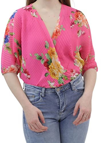 m modáh Body Plissettato con Stampa Floreale Donna, 100% Made in Italy, Body Color Fucsia SM