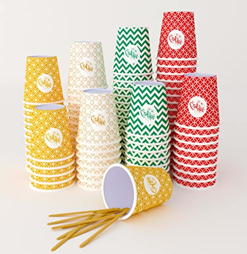 SARA 7 Oz,1000 Multicolore Espresso Gobelets en Carton avec Agitateurs en Bois,Écologique,Jetables,Résistant à la Chaleur,Carton Qualité,Idéal pour Toutes Les Boissons Chaudes ;Café,Thé,Chocolat etc.