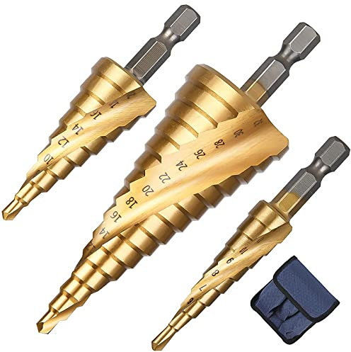 Flintronic HSS Stufenbohrer, 3-tlg Stufenbohrer Set, Schälbohrersatz, Exact Spiralnut Kegelbohrer, 4 mm bis 12/20/32mm Titanbeschichtet Profi Metallbohrer Bohrer Satz für Metall, Holz, Kunststoff