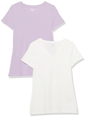 Amazon Essentials Camiseta de Manga Corta con Cuello en Pico y Corte Recto Mujer, Paquetes Múltiples