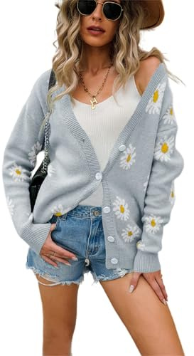HEYPORK Damen Herbst Winter Warm Bequem Jacke Casual Mode übergangsjacke Mantel Frauen Strickjacke Pullover Strickjacke Bedruckt Gänseblümchen Pullover(Grau, XL)