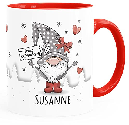SpecialMe® Kaffee-Tasse Frohe Weihnachten Wichtel Weihnachtsmotiv mit Namen persönliche Geschenke weiss-innen-rot standard