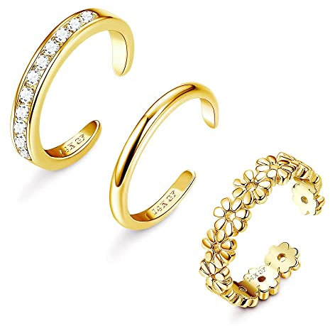 JeryWe 3 Stücke 14K Gold Gefüllte Zehenring für Damen Mädchen Verstellbar Klein Knöchel Pinky Ringe Cz Blume Band Sommer Strand Einfache Einstellbare Vintage Offene Zehenfingerring Fußschmuck