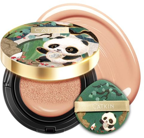 CATKIN Panda Land Air Cushion Foundation mit Vollständiger Deckkraft, Atmungsaktiv, Feuchtigkeitsspendend, Pflegend, Porenfreies Gesichts-Make-Up Für Empfindliche Haut, Sheer Finish, 15g*2