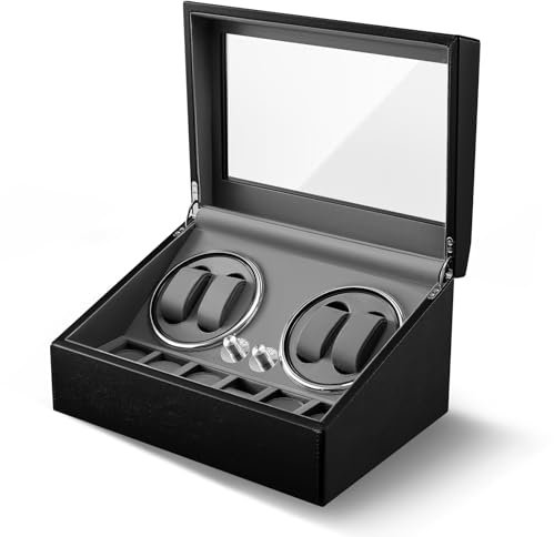 Niest Uhrenbeweger - Schwarz mit dunkelgrauem Wildleder-Innenraum, 4-Gang-Betrieb, Umgebungslicht, Leiser Motor <10 dB, Anti-Magnetisierung