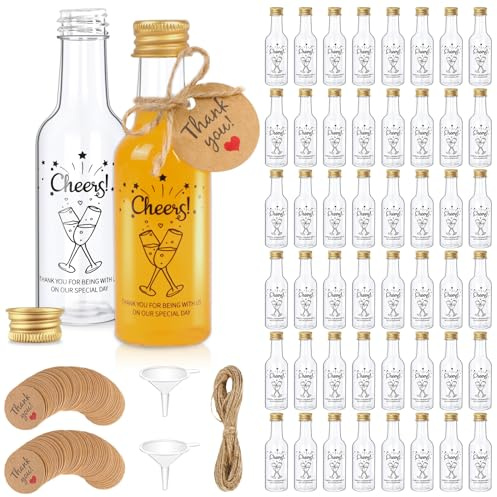 Fayavoo 50 Stück Mini-Flaschen, wiederverwendbare 50 ml Kunststoffflaschen mit goldenen Schraubverschlüssen, Flüssigkeitstrichter für Hochzeiten, Partys