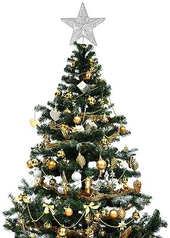 SilteD 1 x Weihnachts-Sternspitze, Glitzer-Stern-Ornament, Holz-Baumspitze, rustikale Baumspitze, Feen-Baumspitze, Stern-Weihnachtsbaumspitze, Schneeflocken-Baumspitze, Dekor, 3D-ausgehöhlte Ornamente