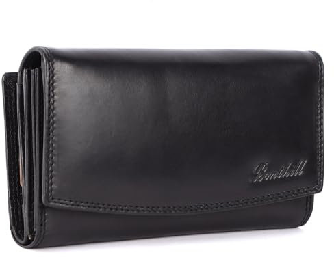 Benthill Damen Geldbörse Groß Echt Leder | Großes Portemonnaie XXL mit RFID Schutz | Vintage Echtleder Damenbörse mit vielen Kartenfächer inkl. Geschenkbox, Farbe:Schwarz
