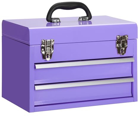 14 Inch Steel Portable Tool Box with drawers - Tool Storage Box Organizer with Metal Latch Closur - Powder Coated Toolbox Chest for Tools Storage Cabinet (PURPLE)