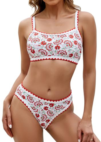 Adigaber Bikini Set för Kvinnor Tryckt Tvådelad Simdräkt Med Hög Midja och Avtagbara Axelremmar, Röd blomma, M