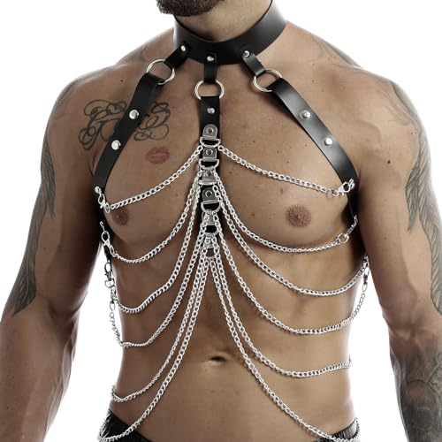 AMZII Kette Brustgeschirr Unterwäsche,Fetisch Körperketten Einstellbare | Herren Punk Body Brust Harness Männer Leder Gay Truhe Kette Sexy Unterwäsche für Mann,Gothic Herren Cosplay Kostüme
