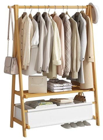 Bambus Kleiderständer, Garderobenständer Holz mit Ablage Offener Kleiderschrank System, Kleiderständer Bambus für Flur, Wohnzimmer und Büro 86X40X159cm,
