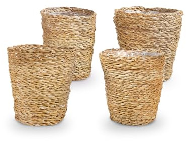 Bloomique - Geflochtener Blumentopf Coco - Set mit 4 Töpfen - Beige - Seegras - Korb für Pflanzen - Innen und Außen - H13x Ø12