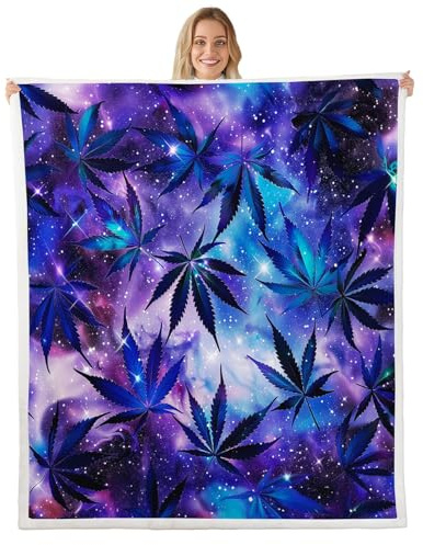 Weed Sherpa Bed Blanket Starry Galaxy Nebula Flannel Fleece Throw Blanket for Sofa Couch Tropical Leaves Plant Ultra Soft Bed Blanket Blue Purple Blanket 90x90