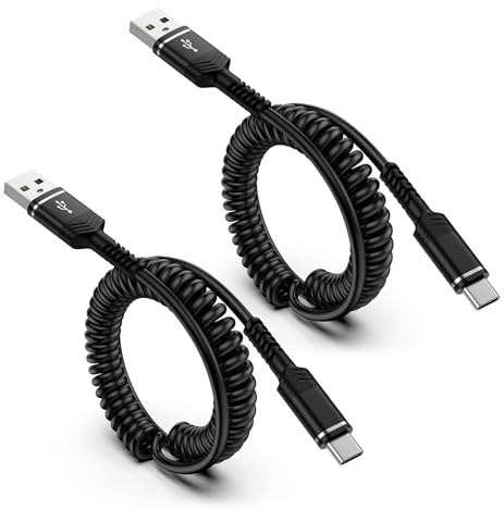 Coiled USB Type C Charger for Car, 2Pack Spring Retractable Fast Charging Lead for Samsung Galaxy S25 S24 S23 S22 S21 A55 A54 A16, Huawei, Google, Xiaomi