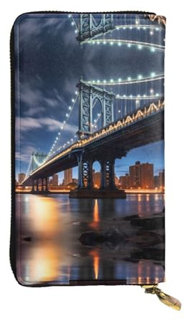 WHJWXC Portefeuille en cuir de 19 x 10,5 cm – Portefeuille élégant et durable pour femme avec plusieurs compartiments et fermeture éclair Design New York Manhattan Bridge Night Motif nuit, noir,