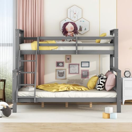 TIZZ Letto a castello con scala e ringhiera di sicurezza, trasformabile in 2 letti separati, ragazzi e adulti, letto in legno per bambini, 90 (140) x 200 cm, grigio