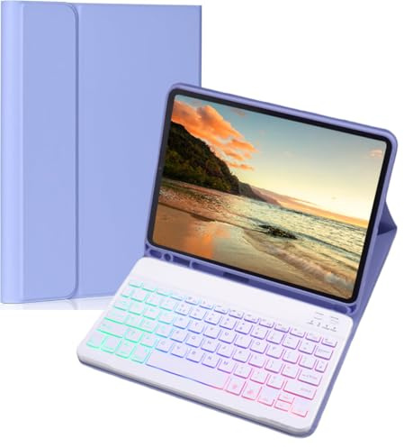 NUWONAYA Keyboard Case for Galaxy Tab S10 Lite/ S10 FE/ S9 FE/S9/S8/S7, Slim Lightweight 7 Color Rainbow Backlight Detachable Magnetic Keyboard Cover with S Pen Holder,Purple