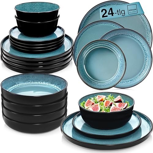 SÄNGER Vigo Steingut Geschirrset 6 Personen, Teller Set 24-tlg Blau | Handmade Geschirr Set: Tafelservice mit Tellern, Müslischalen & Pastateller, spülmaschinen- & mikrowellengeeignet, kratzfest