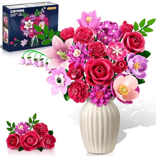 CUBIMANA Bouquet de Fleurs Construction avec LED - 21 Roses Rouges Collection Botanique pour Adultes, 832 PCS Plantes Artificielles pour Décor, Cadeau de Noël pour Femmes Filles Enfants de 12 et Plus