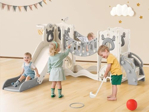 Scivolo per bambini, grande scivolo per bambini piccoli con canestro da basket, struttura per arrampicata per il giardino, telescopio, spazio di archiviazione, per 1-3 anni, extra lungo 1700 mm