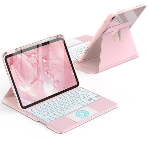 CACOE 360° Hülle mit Tastatur für iPad (A16) 11/10 Generation mit Touchpad | 360°Drehung Hülle mit QWERTZ Tastatur für (11/10.9 Zoll) 2025/2022, 7-Farbige Beleuchtung Abnehmbare Kabellose, Hellrosa