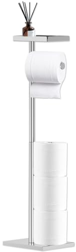 Toilet Roll Holder Free-Standing with Top Shelf Stainless Steel Toilet Paper Holder Stand Bathroom Toilets Paper Dispenser Holds 4 Rolls
