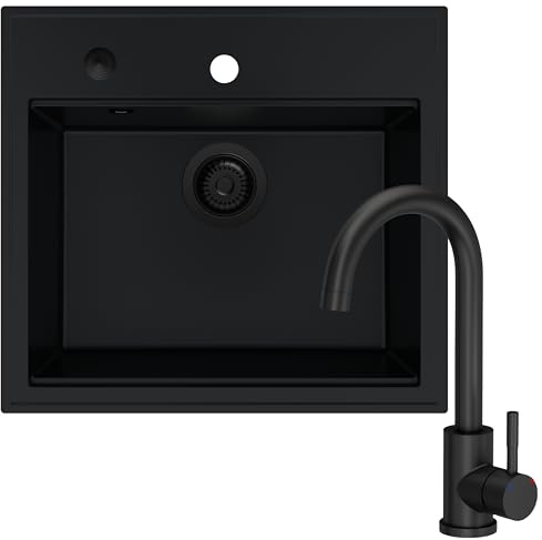 SINK QUALITY Spülbecken schwarz mit Armatur Set 56 x 51 cm - Spüle mit Wasserhahn, Siphon schwarz, Abtropfgestell, Imprägniermittel - Küchenspüle Komplettset für 60er Unterschrank