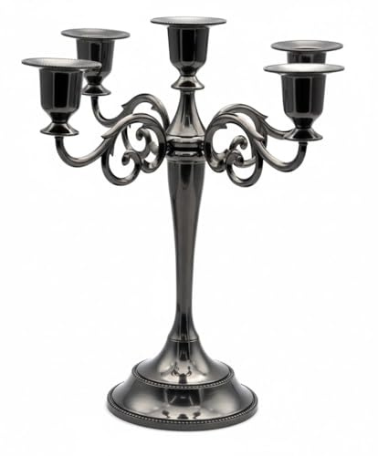 JEVIMORY 5-Arm Candelabra Centerpiece - 10.6 Tall Metal Taper Candle Holder for 1/2-1 inch Taper Candles, Vintage Decorative Candlestick Stand for Wedding, Dining Table, Halloween