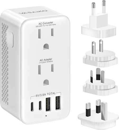 VASAIKO Voltage Converter US to Europe, Travel Adapter Voltage Converter to Step Down 220V to 120V, Power Converter with 2 USB-A 2 USB-C Port & UK/AU/US/IT/European Travel Plug Adapters