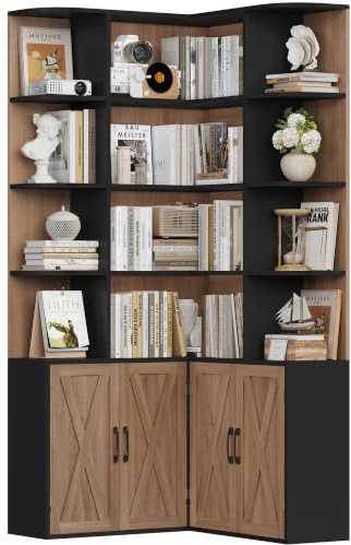 FirFurd Bibliotheque Angle 187cm Bibliothèque Meuble de Rangement avec Porte 17 Étagères Rangement Bibliothèque Livres pour Salon Bureau Chambre Noir et Chêne 80x80x187cm