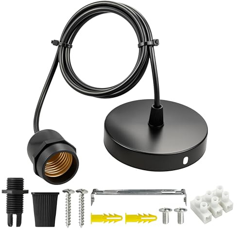 urcianow IP65 Waterproof Pendant Light E27 Holder 100cm Adjustable Black Cord Hanging Lamp Fixture, Industrial Metal Ceiling Rose for Indoor & Outdoor Kitchen Porch Patio Bar 1 Pack