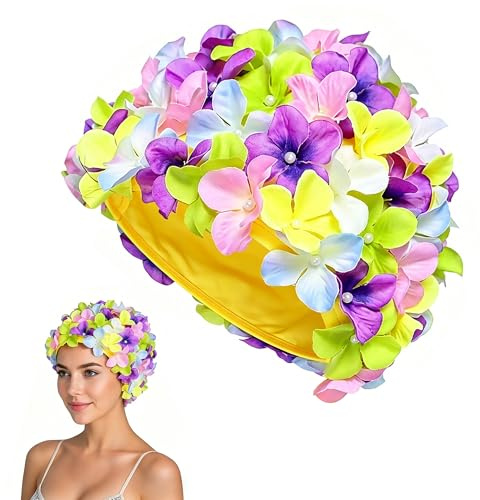 Bonnet de bain pour femme avec motif floral 3D élégant – Bonnet de bain rétro en tissu léger, idéal pour la piscine et les loisirs, grande taille