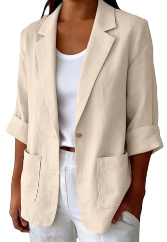 Summer Blazers for Women UK Solid Color One Button Cotton Linen Suit Jackets 2026 Fashion Lightweight Elegant Outerwear Casual Office Work Party Jacket Open Front Lapel Business Coat Beige