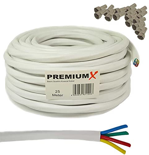 Premium X 25m Quattro Quad Kabel 4in1 SAT Koaxialkabel 4-Fach Antennenkabel >90dB 2-fach geschirmt Digital Set 4K 8K UHD DVB-S2 für LNB Multischalter [inkl. 16 F-Stecker] Koax Weiß