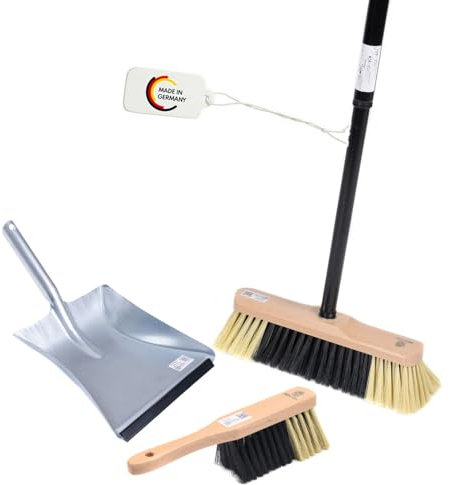 BawiTec Zimmerbesen 30 cm Kehrset Teleskopstiel Handfeger Kehrschaufel Kehrgarnitur Besen Set aus Holz Gummilippe feine weiche Borsten für Innen Komplett-Set Gute Staubbindung feinen Schmutz