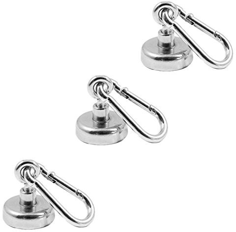 Magnetastico® | 3 Stück Neodym N35 Ösenmagnete mit Karabiner 25 mm Ø | Haltekraft 22 Kilogramm | Starke Neodym Karabinerhaken-Topfmagnete mit Öse bzw. Ringschraube verzinkt