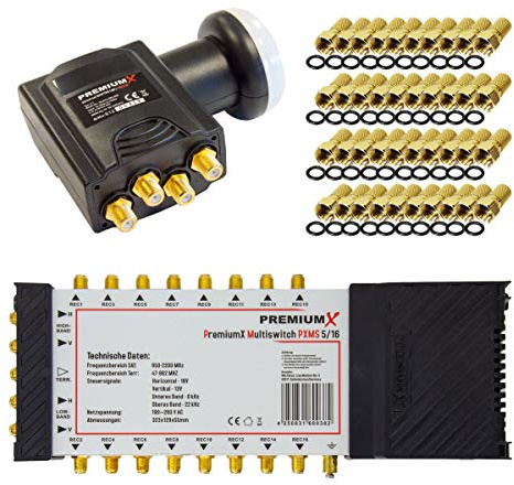 Premium X Multischalter Set 5/16 Multiswitch Deluxe Quattro LNB 40x F-Stecker, Signalverteiler 1 SAT für 16 Teilnehmer