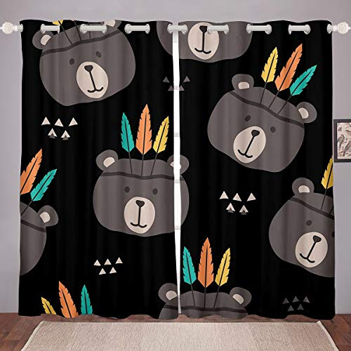 Tenda da finestra a forma di orso selvatico per bambine e ragazzi, con motivo a orso selvatico, boho, con piume,per la camera e per la camera con piume tribali, oscuranti per animali, W66 x L90