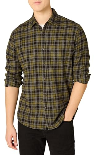 Amazon Essentials Men's Regular Fit Long-Sleeve Flannel Shirt, Soft Brushed Cotton, Lightweight yet Warm, Olive, Large