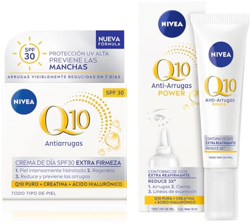 NIVEA Q10 Power Antiarrugas Cuidado de Día Triple Defensa FP30 + Crema Contorno de Ojos (15 ml) - Hidratación, Protección Solar, Reafirmante - Piel Seca, Mixta, Normal - 65 ml