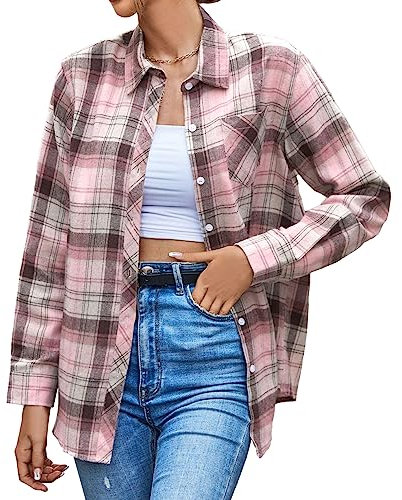 SANGTREE Womens Plaid Flannel Shirt Long Sleeve Button Down Shirts Pink Plaid, Small