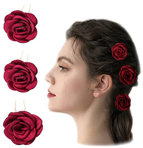 Clip per capelli da sposa a forma di U, 3 pezzi di rosa copricapo forcelle per capelli per donne e ragazze rosso