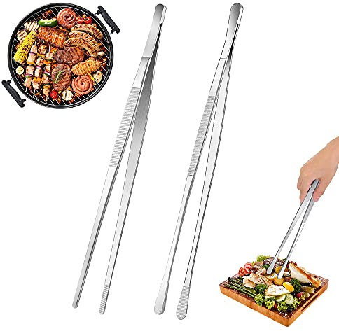Foreverup Kochpinzette Edelstahl, 2 Stück küchenzange, Edelstahl Küchenpinzette, Grillpinzette Pinzette, für Kochen Grillen und Backen - runder Kopf + spitzer Kopf(30cm)