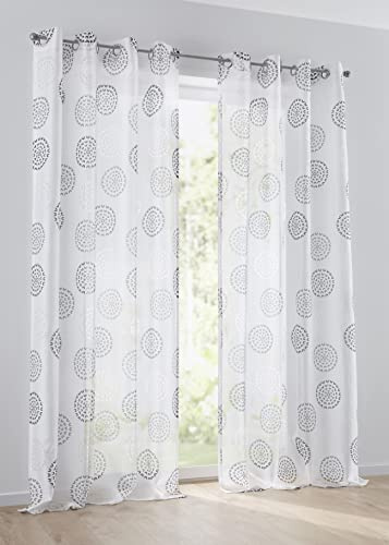 Kutti Vorhang Bella anthrazit, Gardine mit Ösen, halbtransparent weiß, Ausbrenner, durchscheinend, Bedruckt mit Kreis Motiv (1 Stück) (135 x 225 cm)